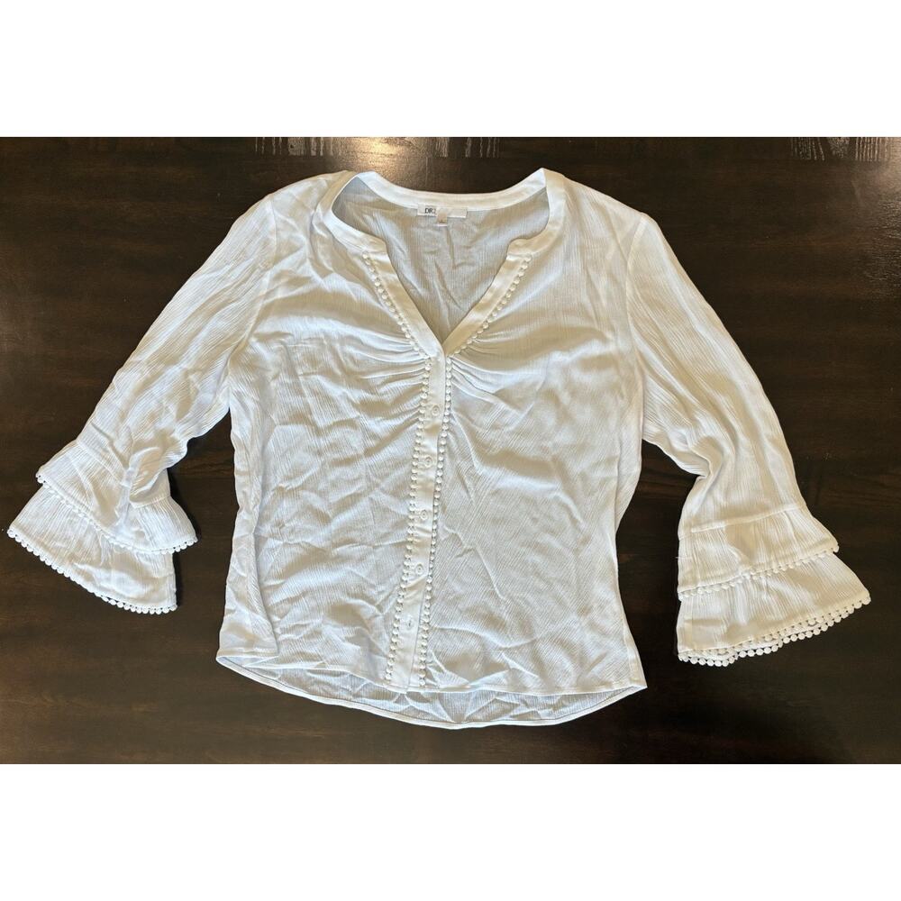 DR2 Women’s White Long Flare Sleeve Button Top Blouse Size L